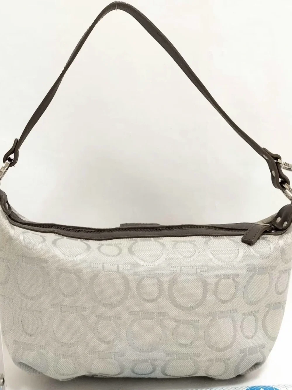 Salvatore Ferragamo Ivory Signature-Pattern Shoulder Bag with Brown Trim